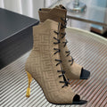 BM 26S Moneta Monogram Lace-Up Boots Peep-Toe Brown Knit 111314