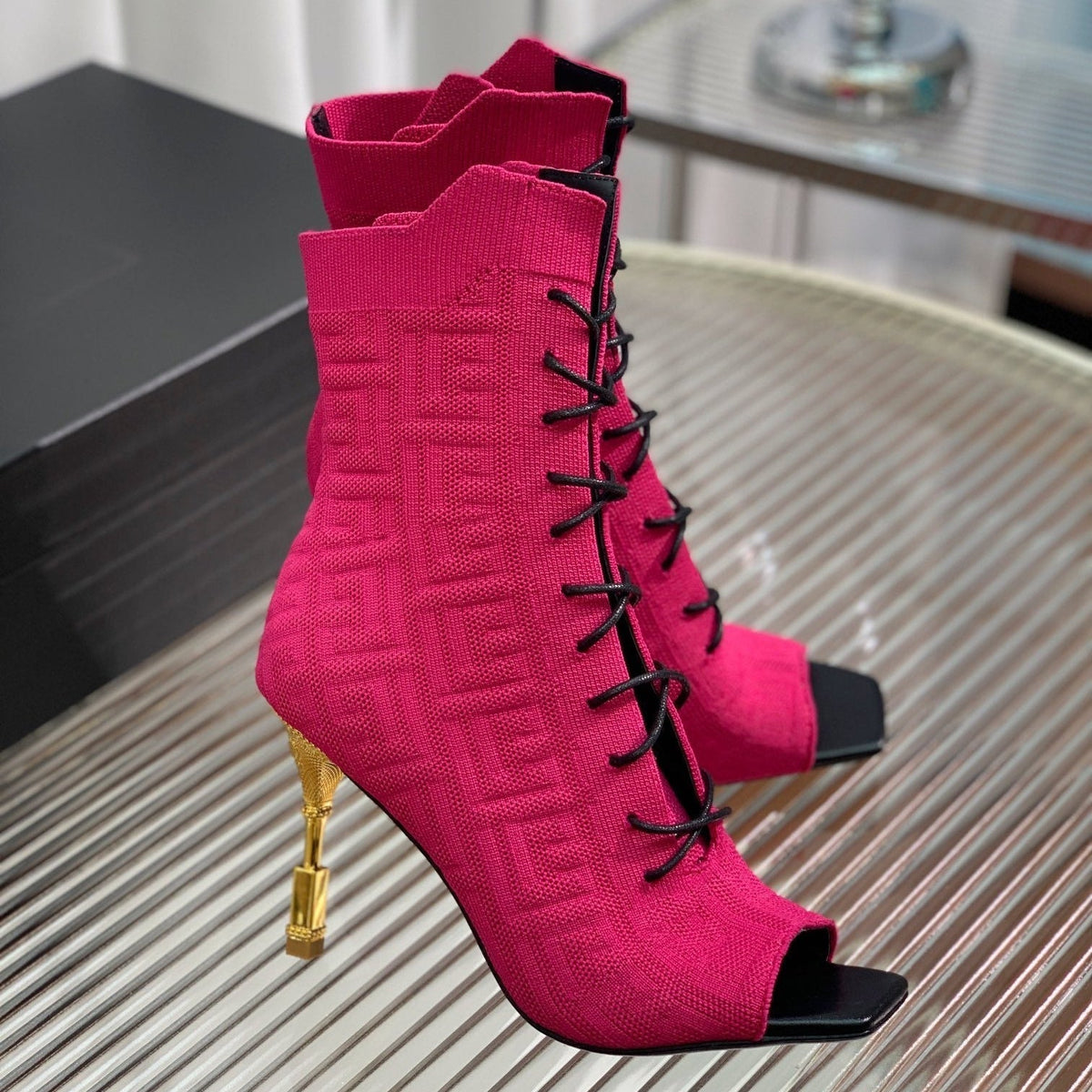 BM 26S Moneta Monogram Lace-Up Boots Peep-Toe Hot Pink Knit 111313