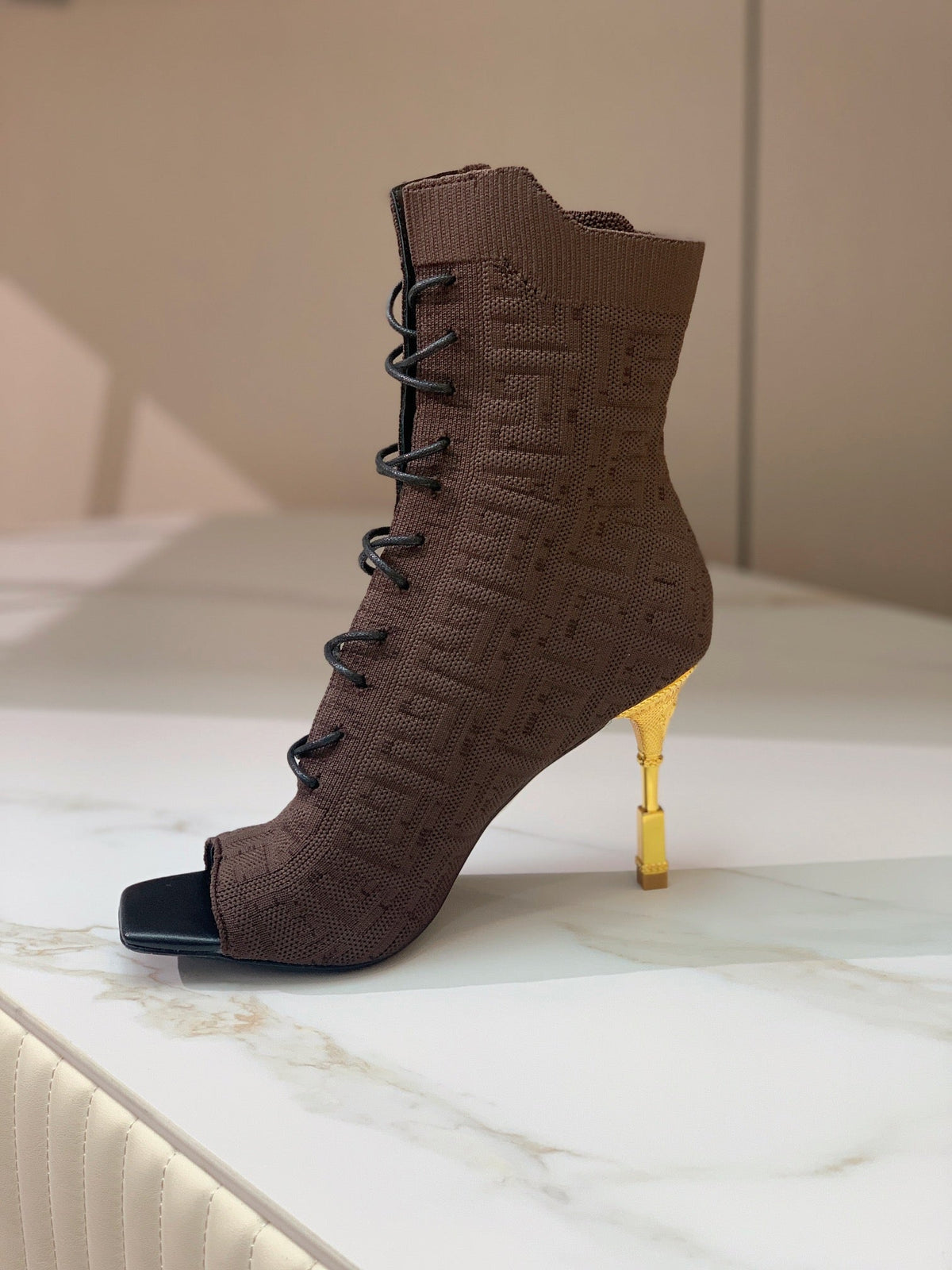 BM 26S Moneta Monogram Lace-Up Boots Peep-Toe Coffe Knit 111312
