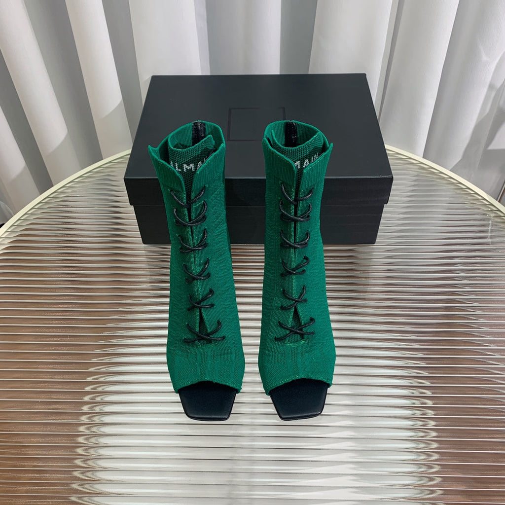 BM 26S Moneta Monogram Lace-Up Boots Peep-Toe Dark Green Knit 111311