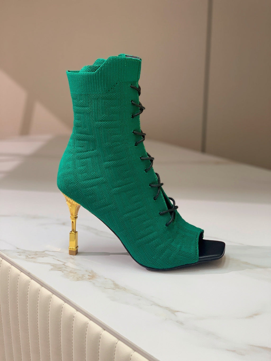 BM 26S Moneta Monogram Lace-Up Boots Peep-Toe Dark Green Knit 111311