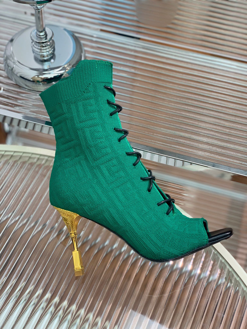 BM 26S Moneta Monogram Lace-Up Boots Peep-Toe Dark Green Knit 111311