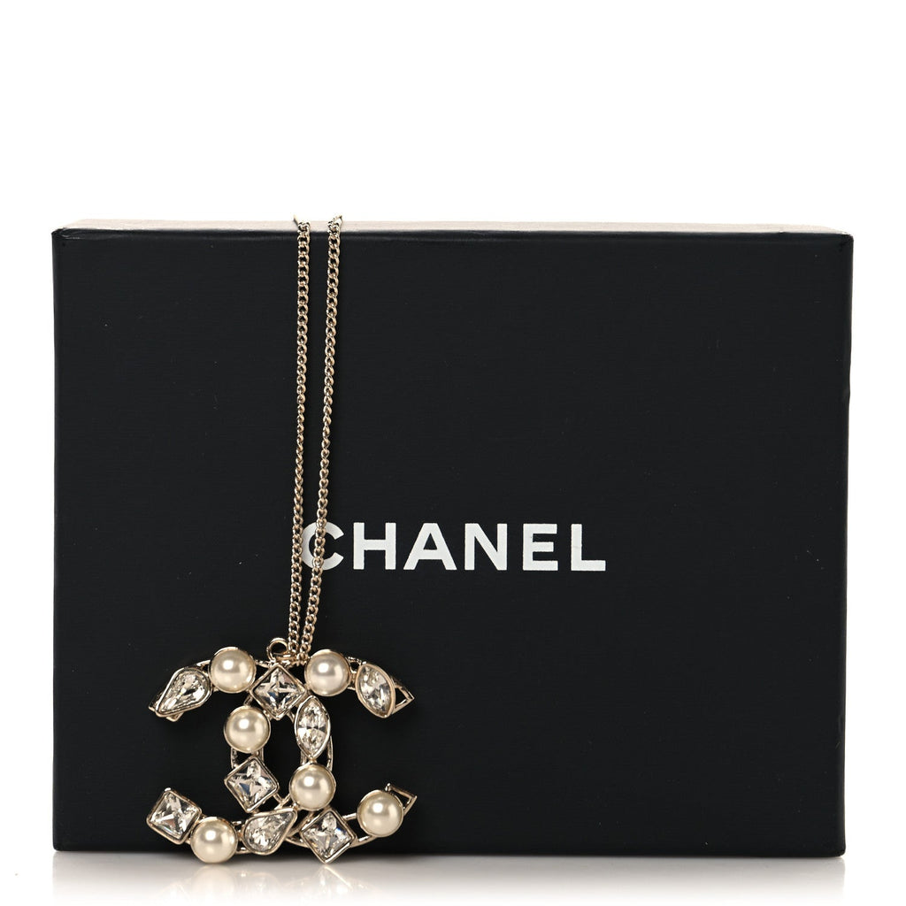 Crystal Pearl CC Pendant Necklace Gold