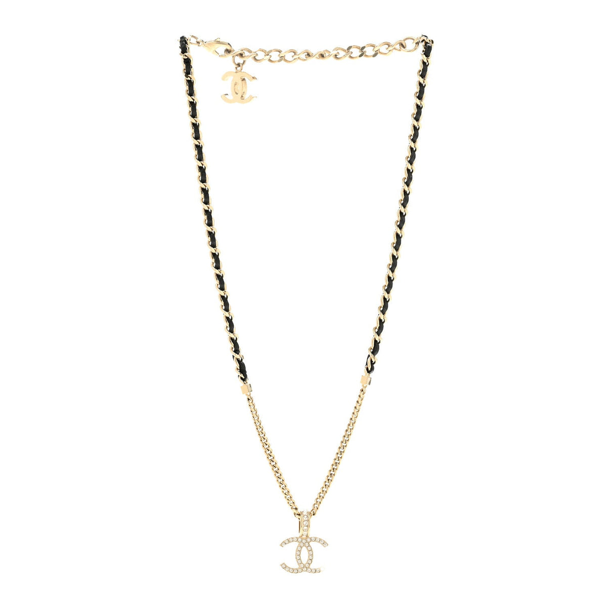 Lambskin Crystal CC Chain Pendant Necklace Black Gold