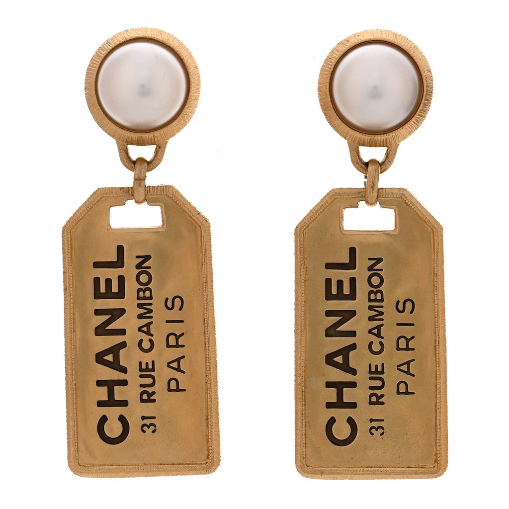 Pearl CC Tags Drop Earrings Gold