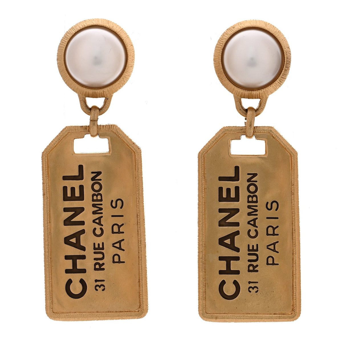 Pearl CC Tags Drop Earrings Gold