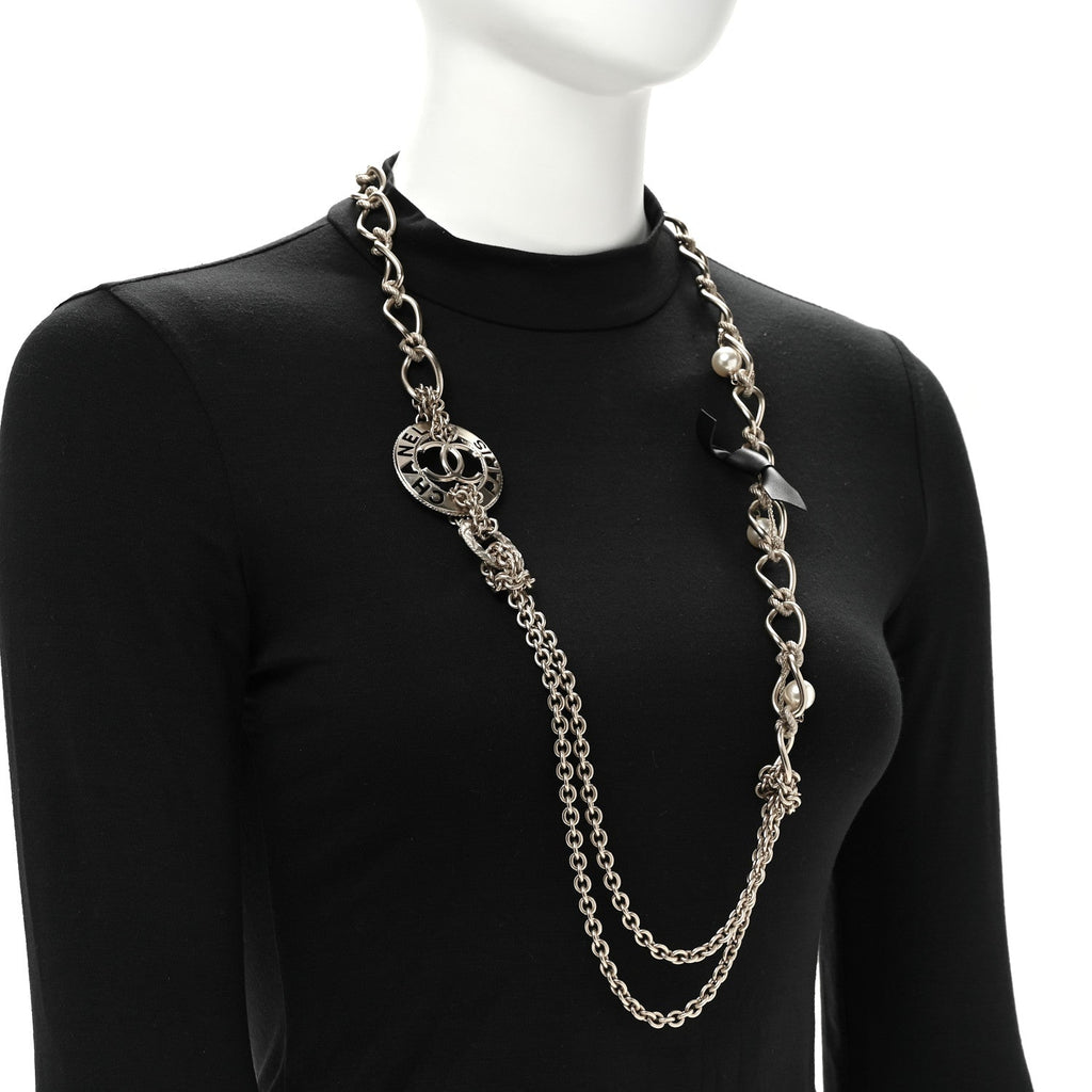 Metal Pearl Chain CC Paris Pendant Long Necklace Light Gold