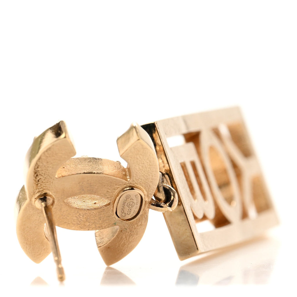 Metal Crystal CC Boy Drop Earrings Gold