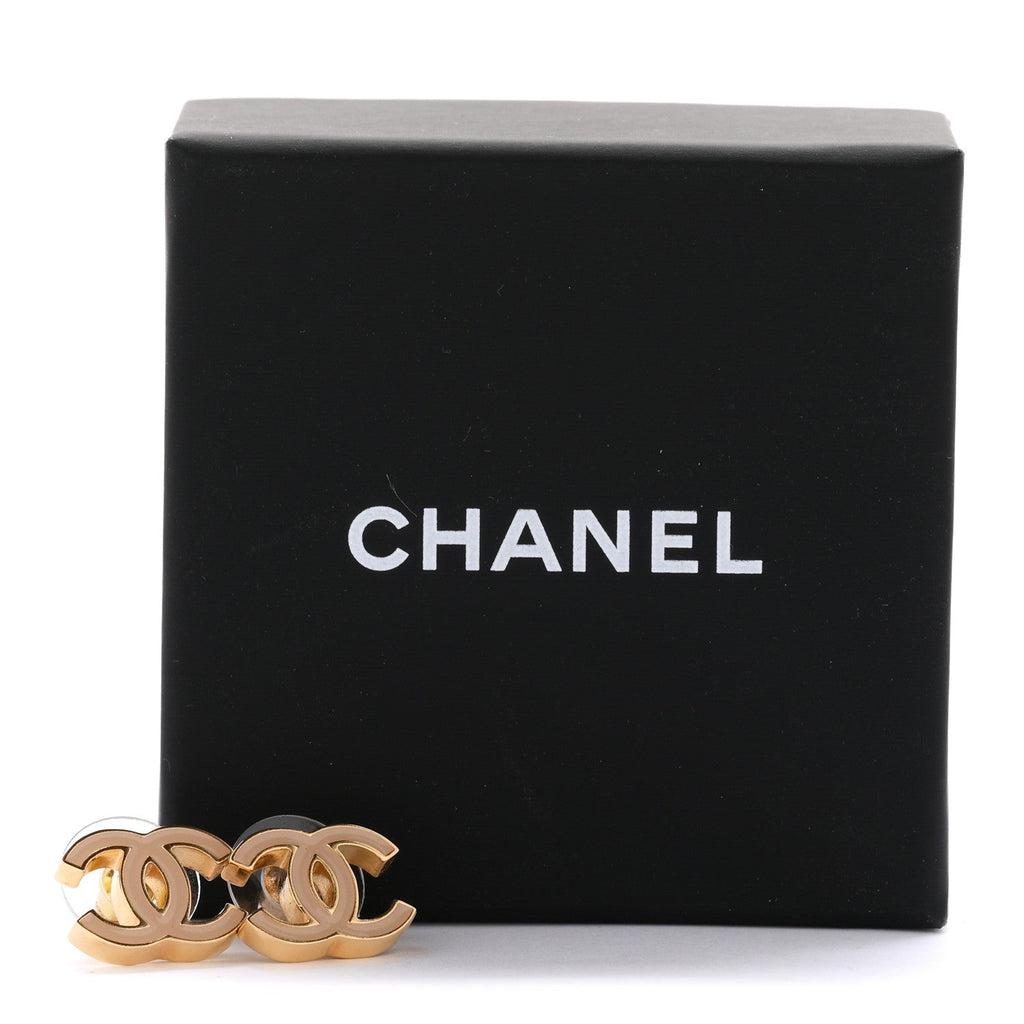 Metal Enamel CC Earrings Gold Biege