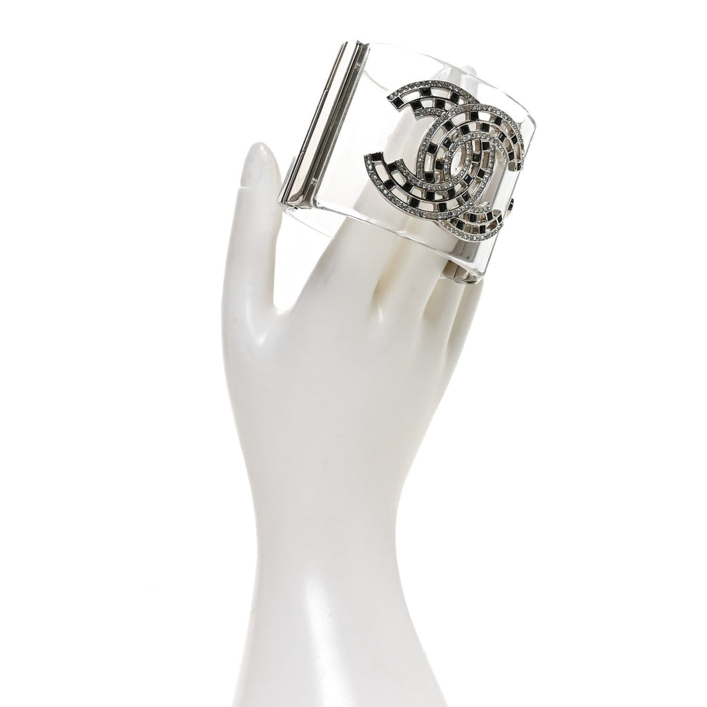 Lucite Baguette Crystal CC Cuff Silver Black