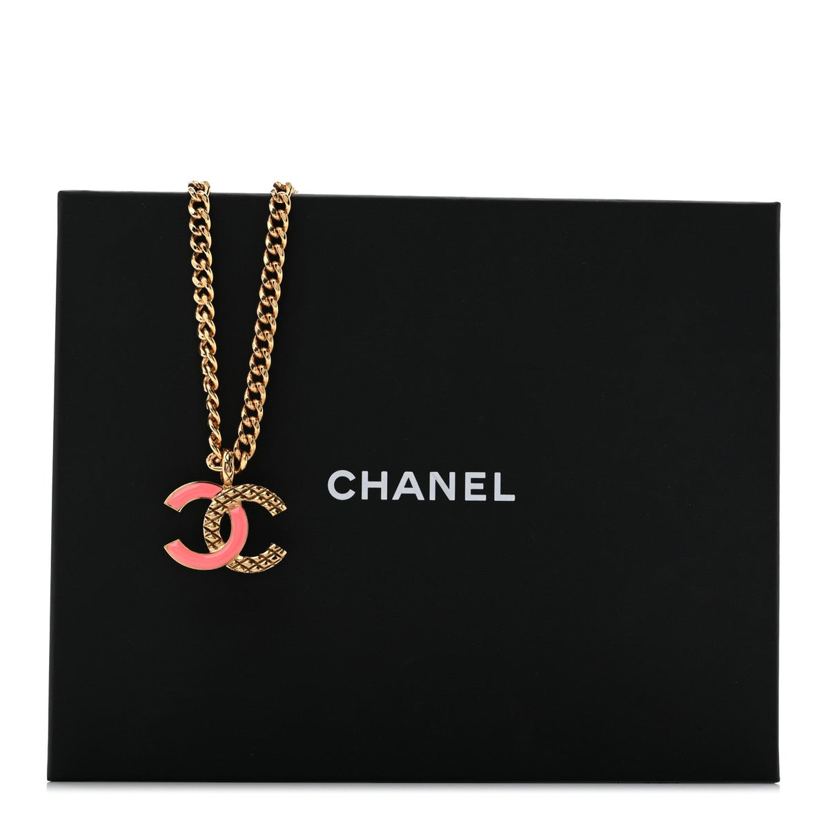 Metal Enamel Quilted CC Chain Necklace Pendant Gold Pink