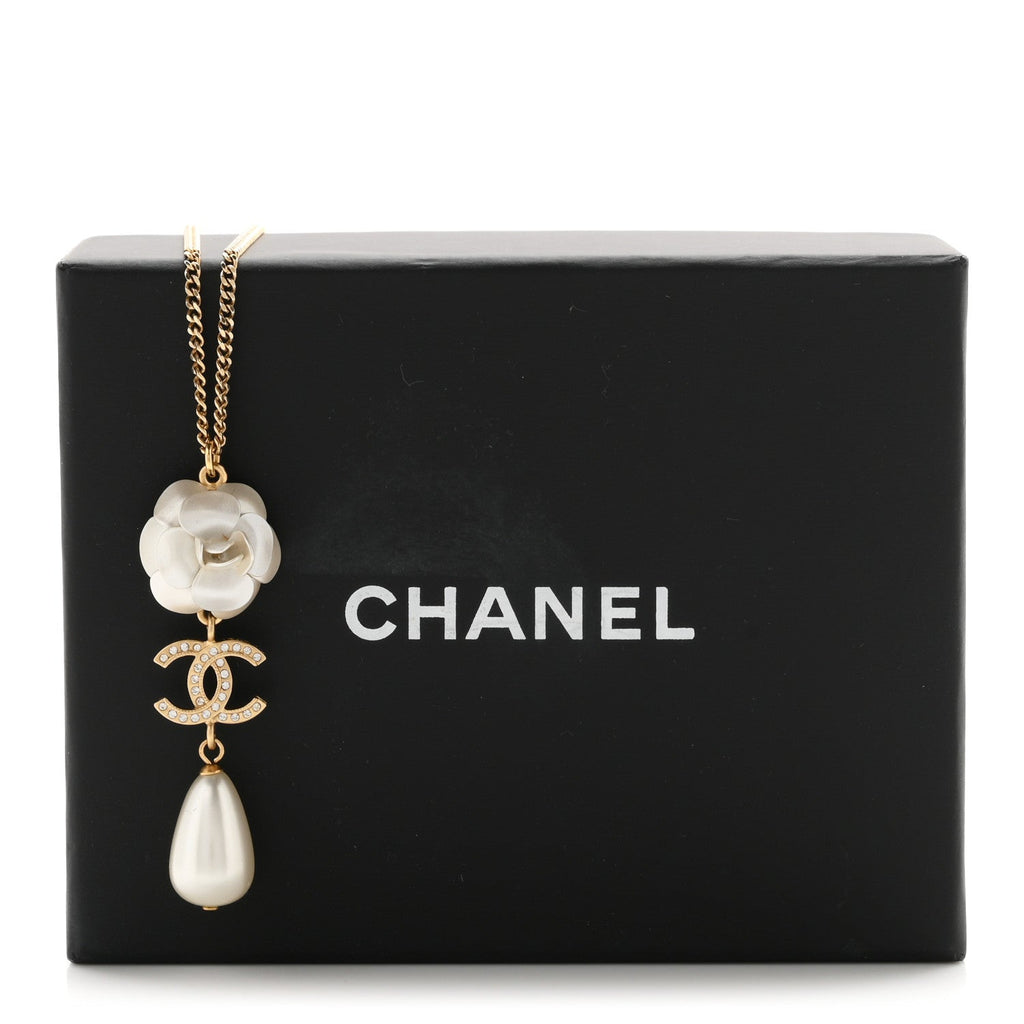 Metal Crystal Pearl 90s Camellia CC Drop Necklace Gold Pearly White