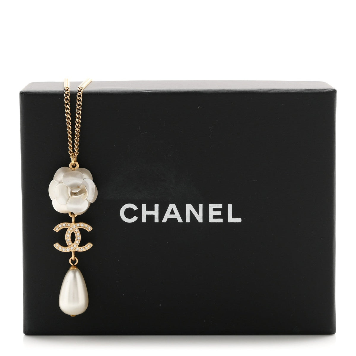Metal Crystal Pearl 90s Camellia CC Drop Necklace Gold Pearly White