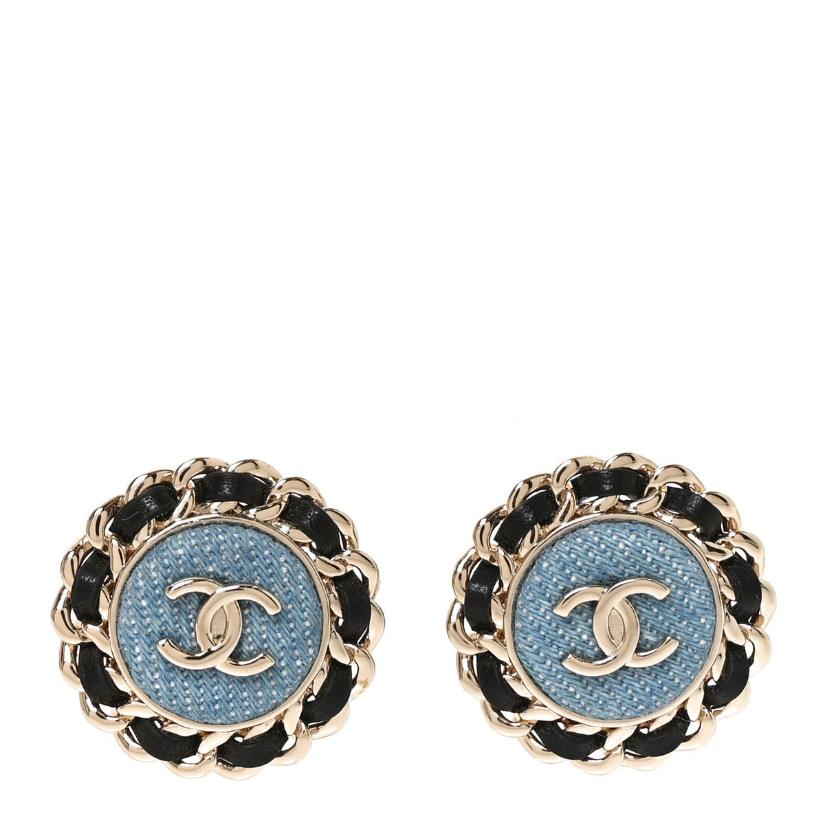 Metal Lambskin Denim CC Round Earrings  Blue Black
