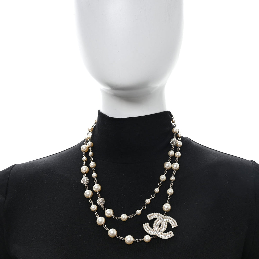 Graduated Pearl Crystal CC Long Necklace Gold Pearly White