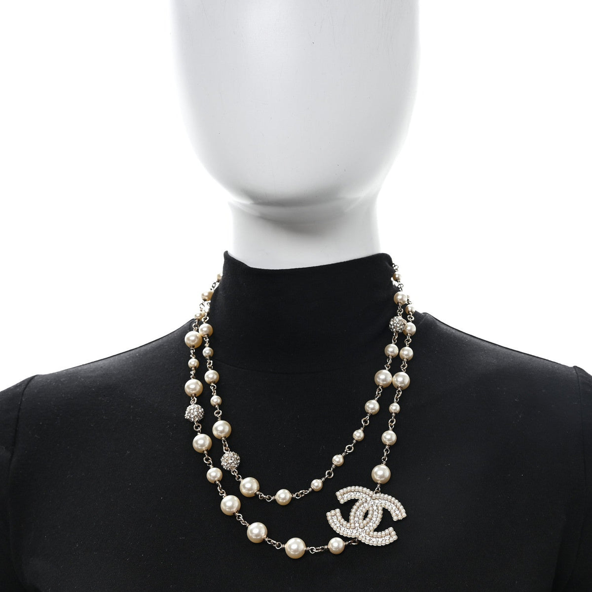 Graduated Pearl Crystal CC Long Necklace Gold Pearly White