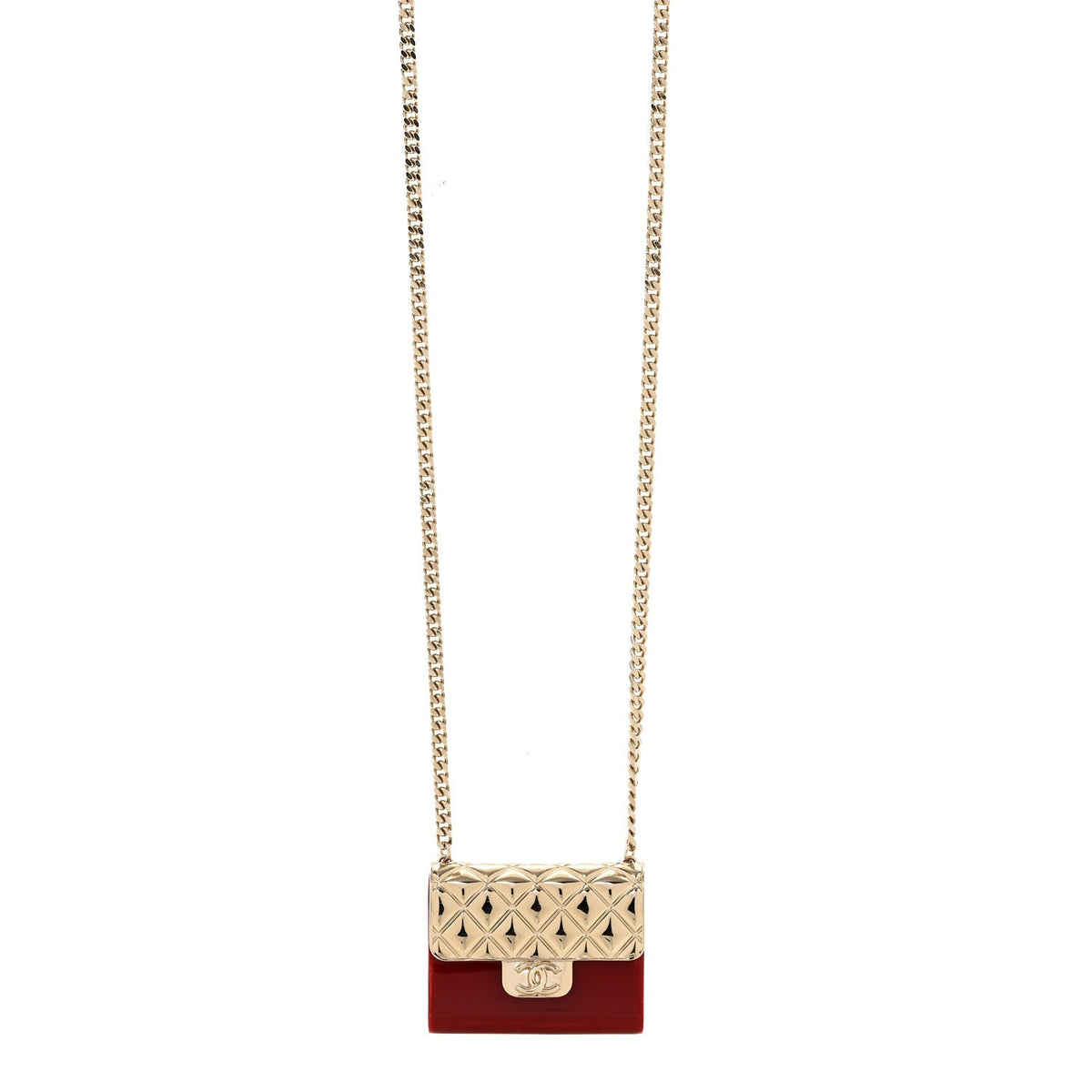 Metal Resin Flap Bag Long Necklace Gold Red
