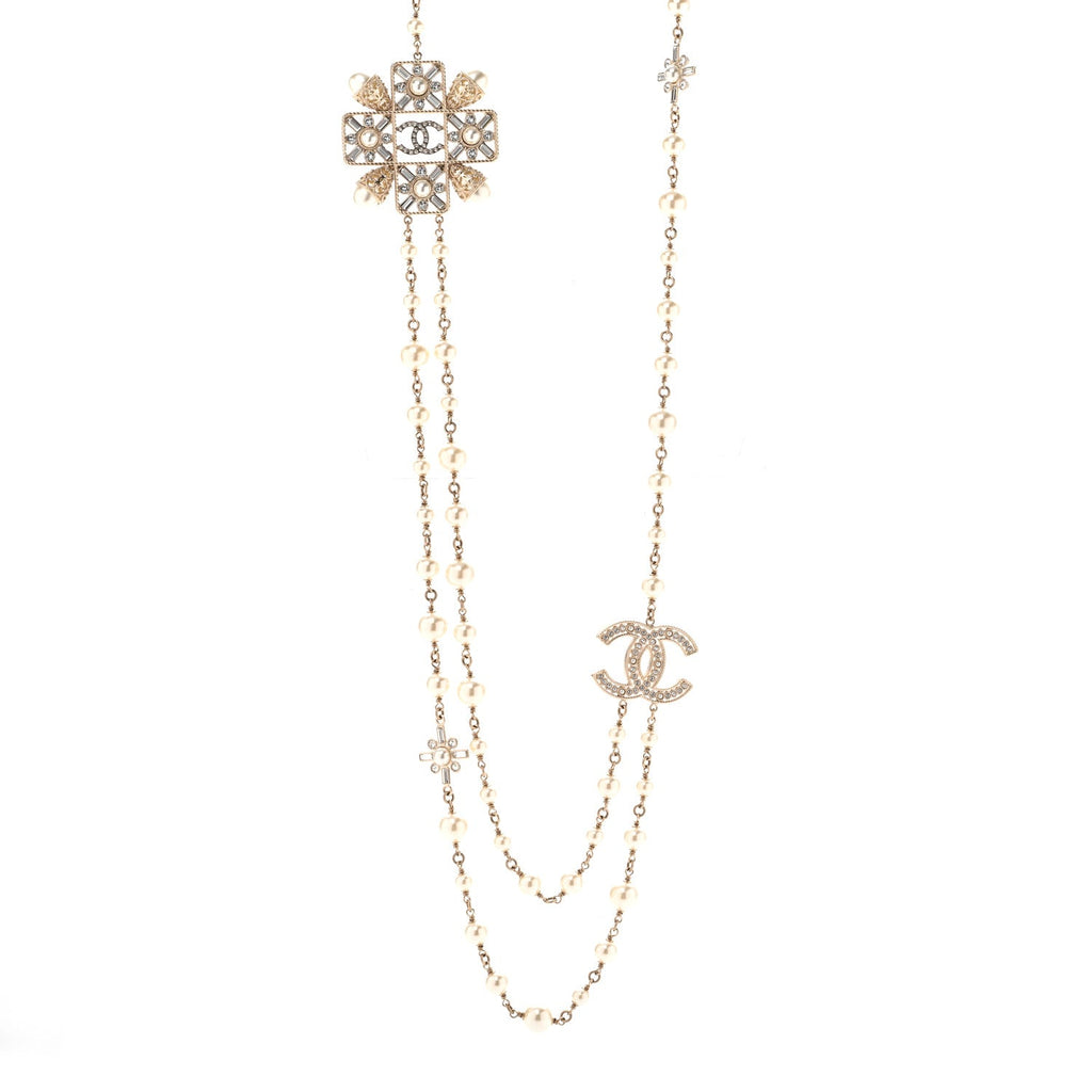 Pearl Crystal CC Long Necklace Gold