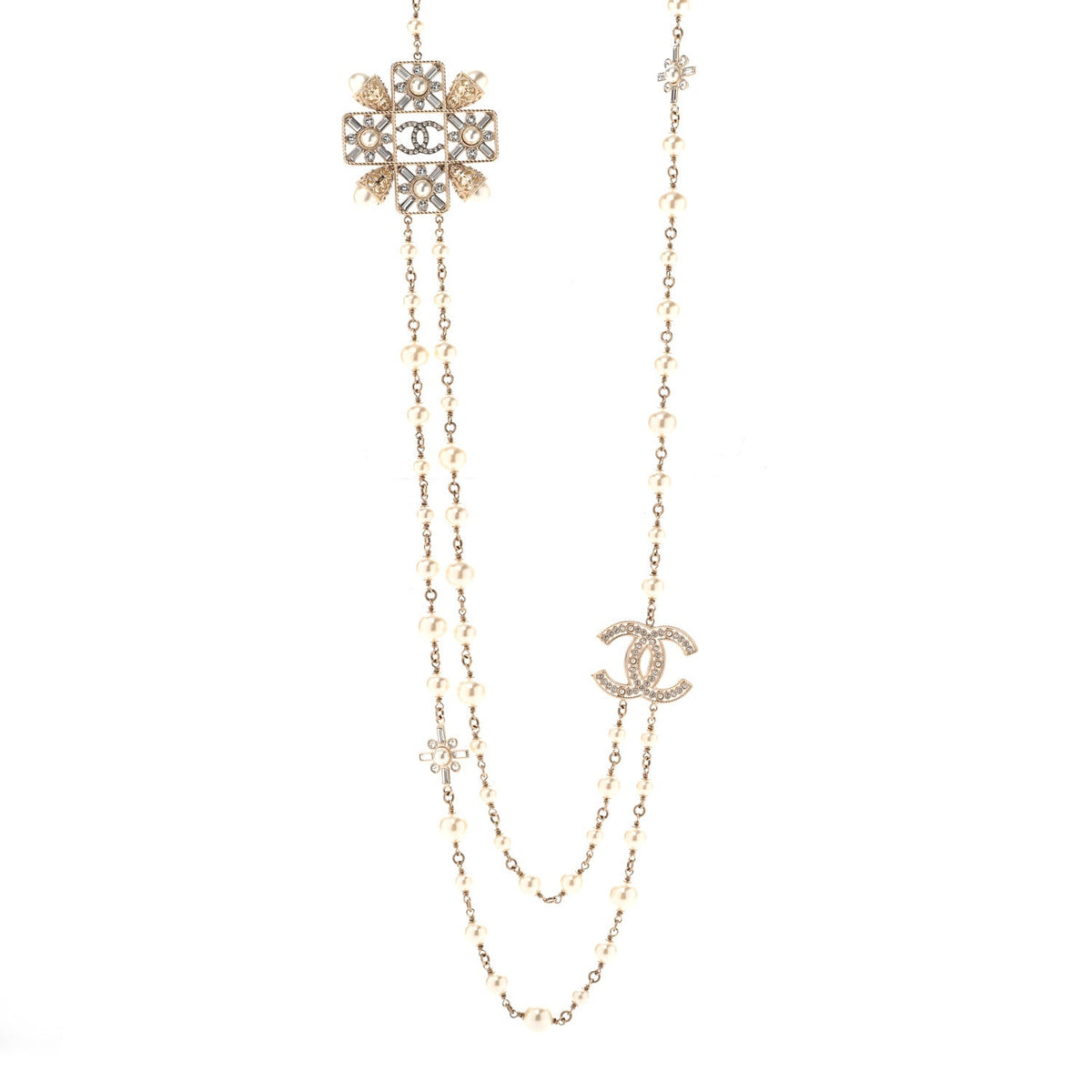 Pearl Crystal CC Long Necklace Gold