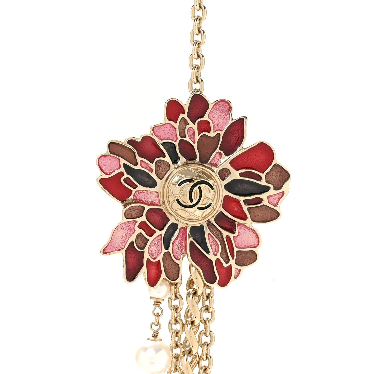 Resin Pearl Metal CC Camellia Multi Strand Long Necklace Gold Pink Multicolor