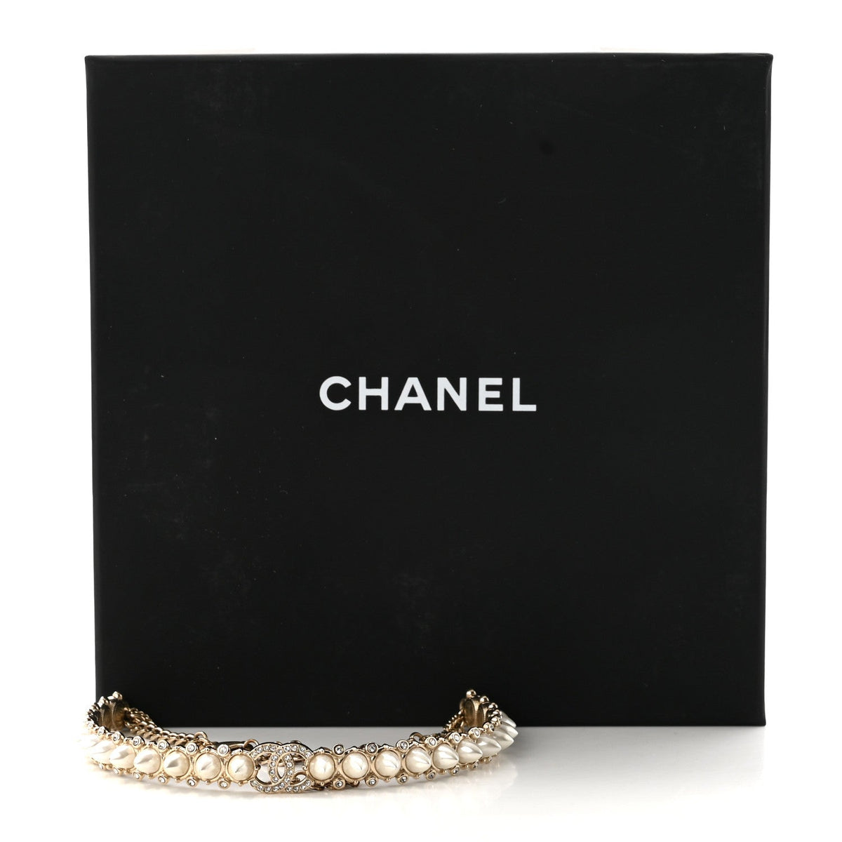 Strass Crystal Studded Pearl CC Choker Necklace Gold Pearly White