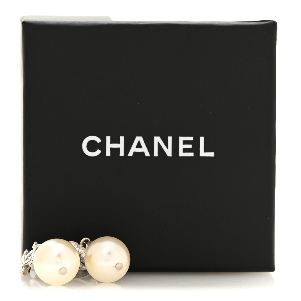 Crystal Pearl CC Drop Earrings Silver