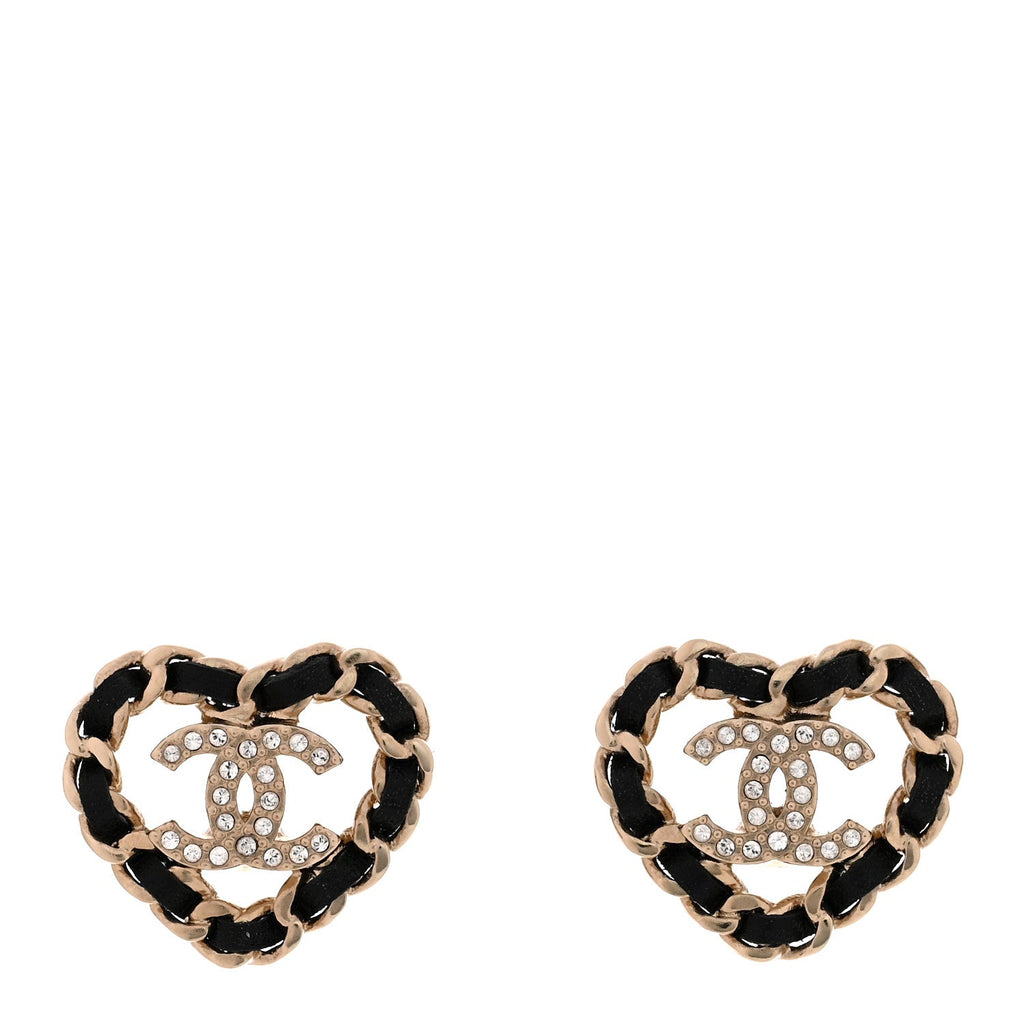 Crystal Lambskin Chain CC Heart Earrings Gold Black