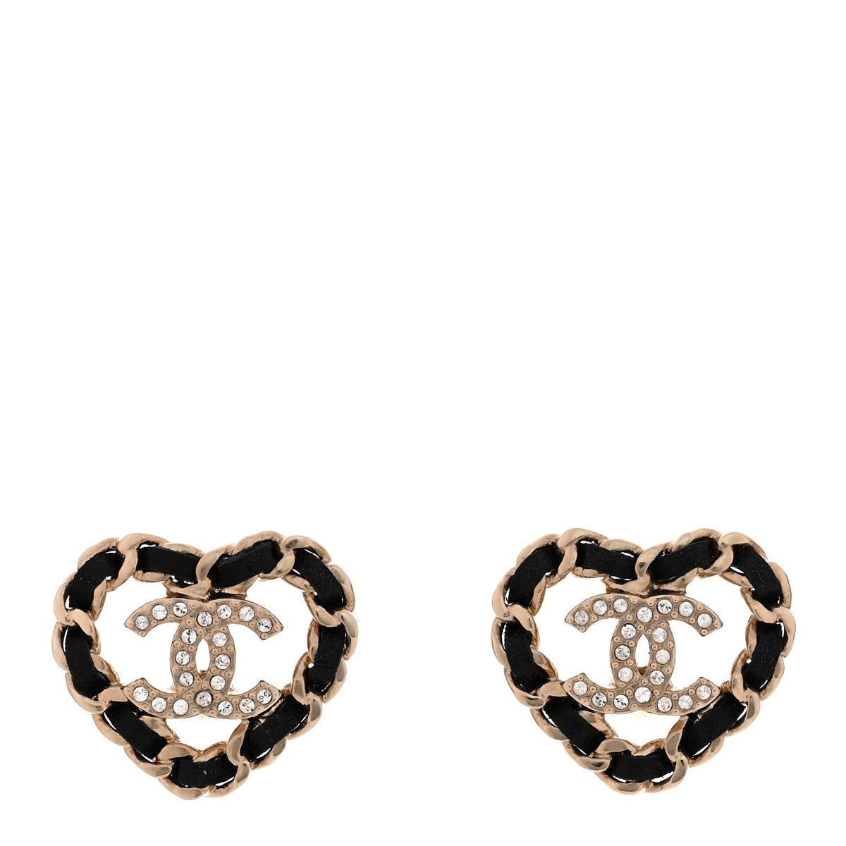 Crystal Lambskin Chain CC Heart Earrings Gold Black