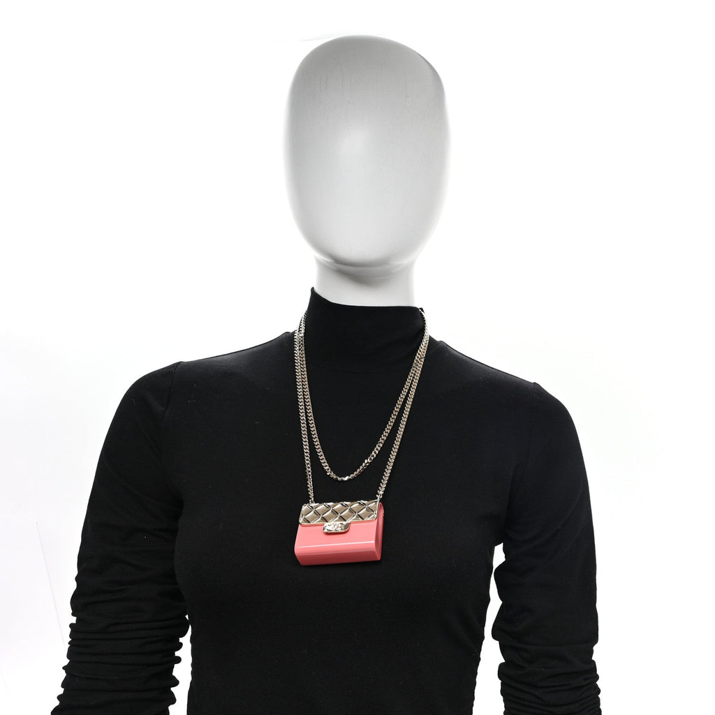 Metal Resin Flap Bag Long Necklace Gold Red