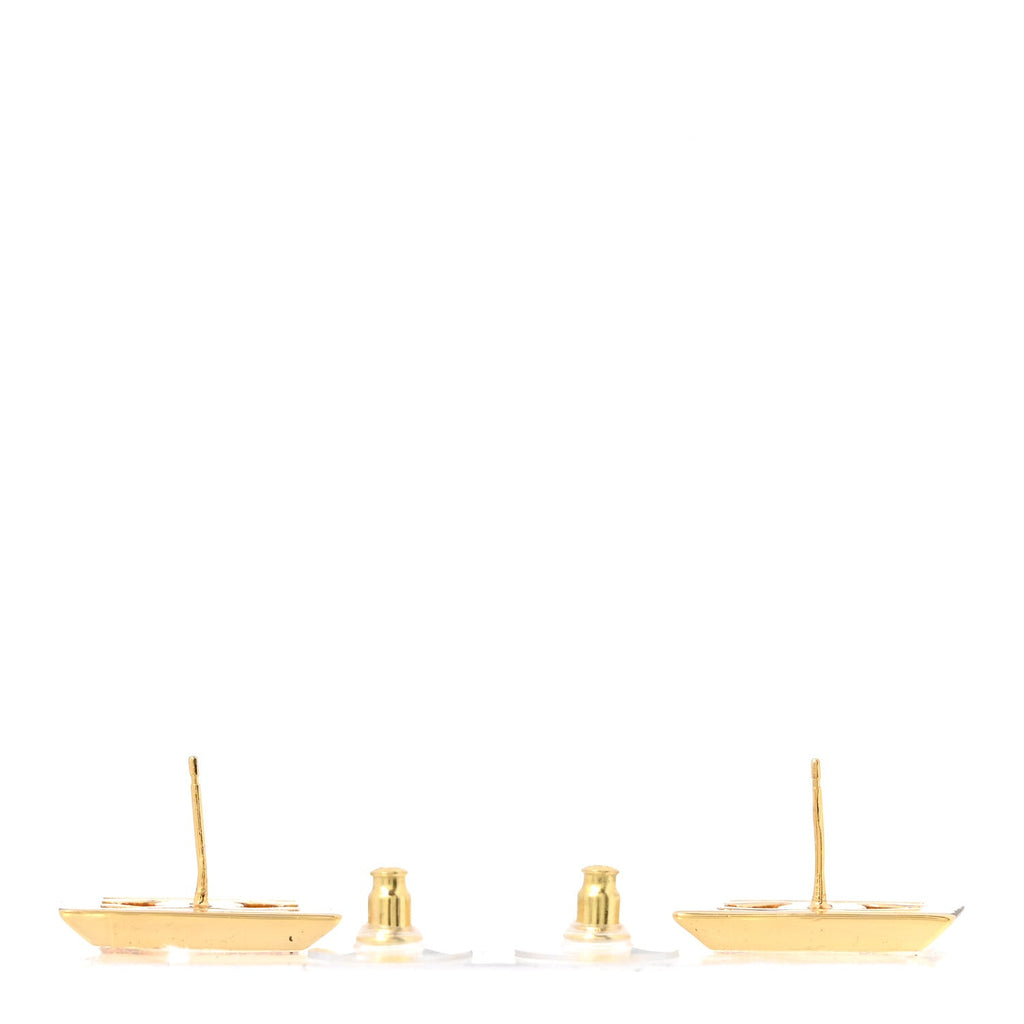 Metal Enamel CC Square Earrings Gold White