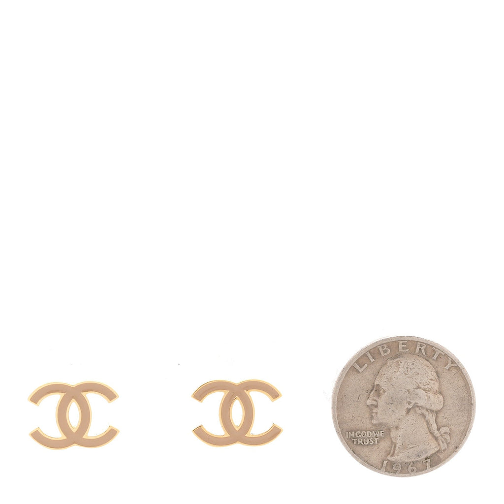 Metal Enamel CC Earrings Gold Biege