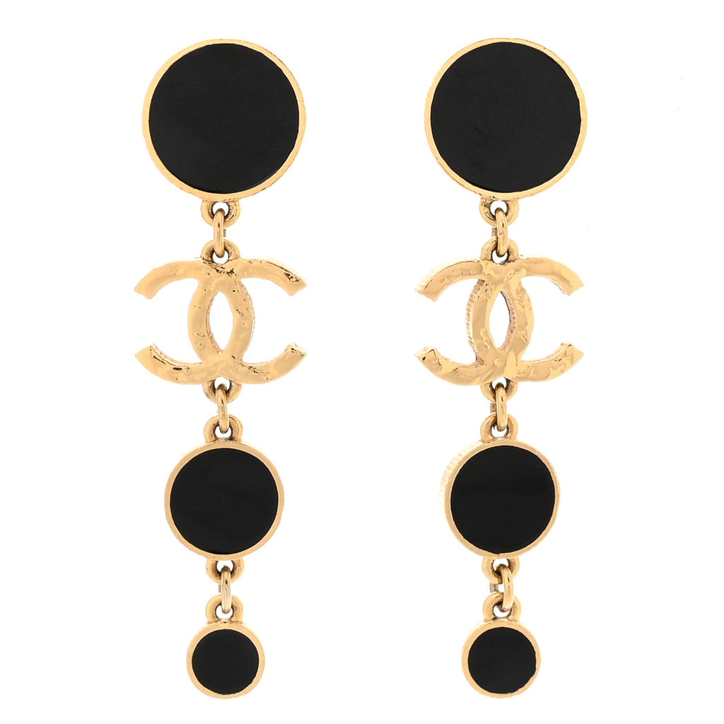 Metal Resin Disc CC Long Drop Earrings Gold Black