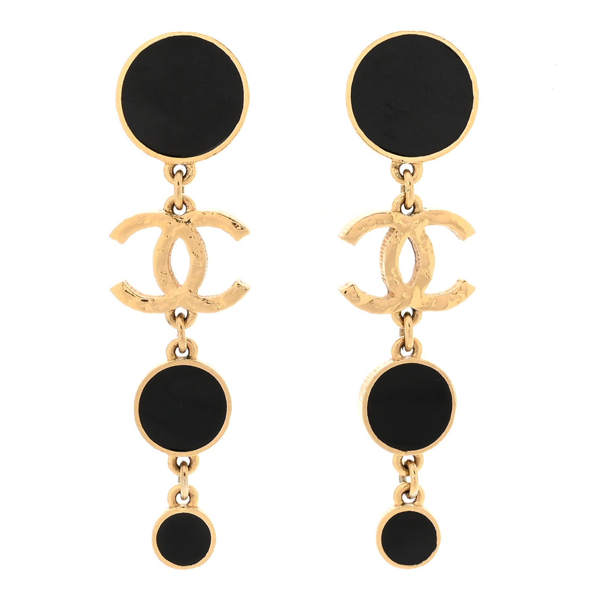 Metal Resin Disc CC Long Drop Earrings Gold Black