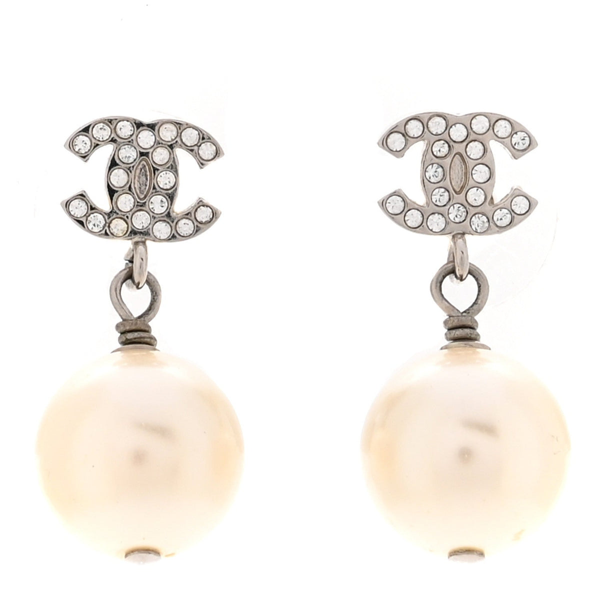 Crystal Pearl CC Drop Earrings Silver Pearly White