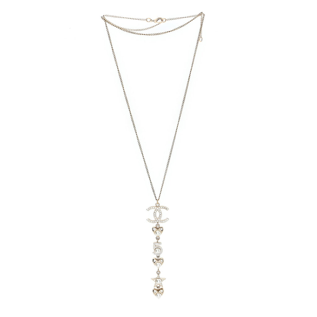 Pearl Crystal CC No 5 Heart Star Pendant Necklace Gold