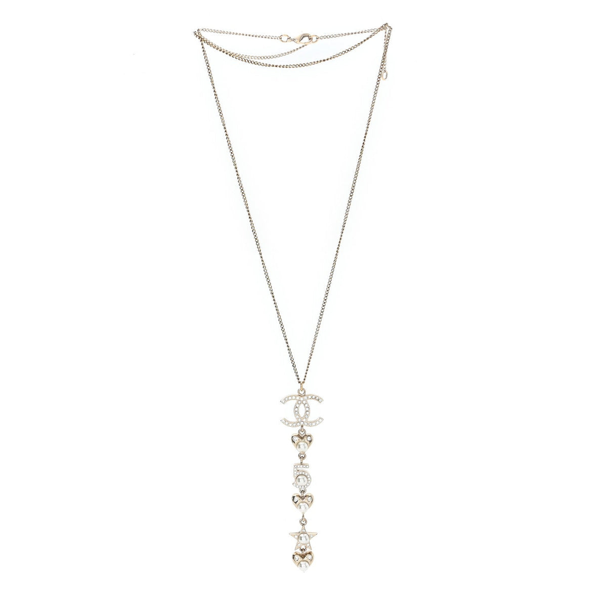 Pearl Crystal CC No 5 Heart Star Pendant Necklace Gold