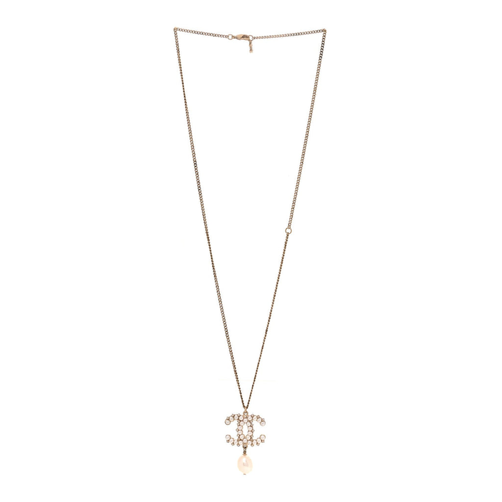 Crystal Pearl CC Drop Necklace Gold
