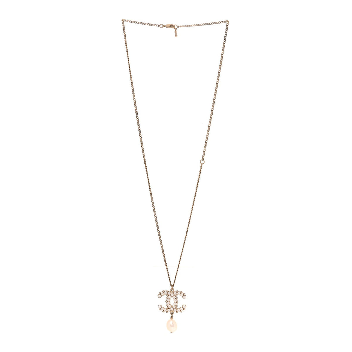 Crystal Pearl CC Drop Necklace Gold
