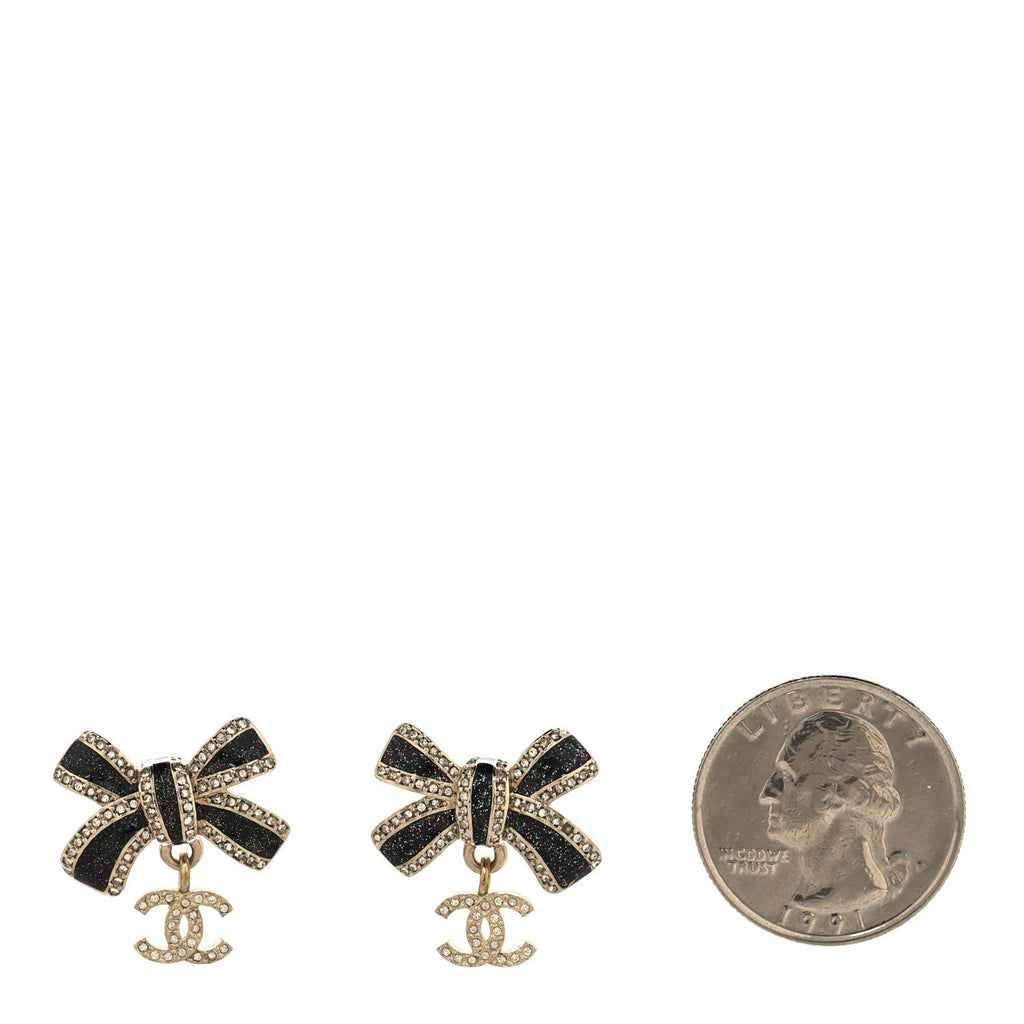 Crystal Glitter Bow Drop CC Earrings Gold Black