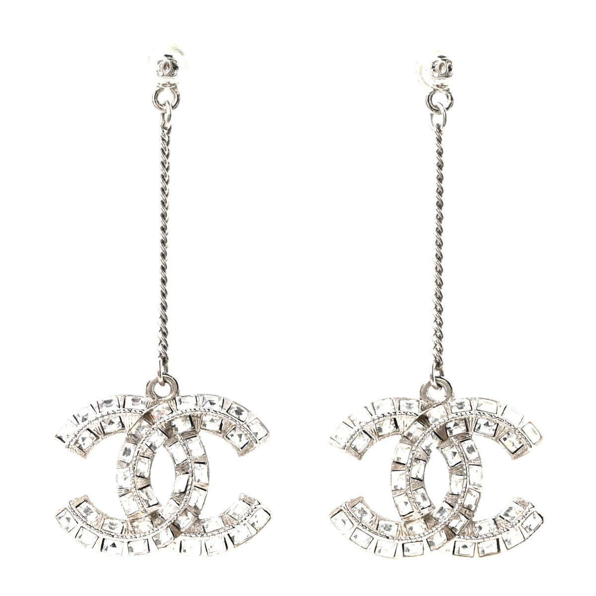 Baguette Crystal CC Drop Earrings Silver