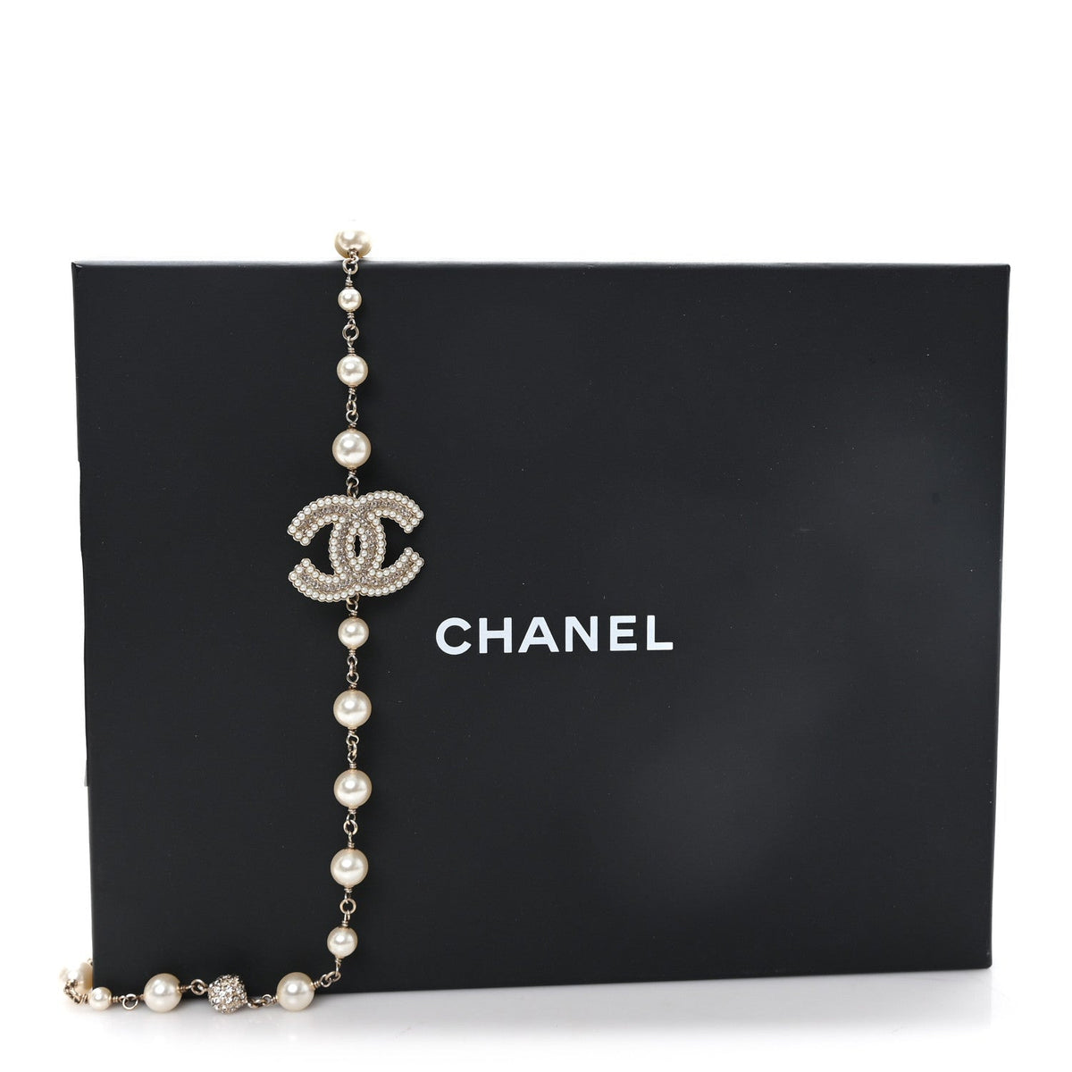 Graduated Pearl Crystal CC Long Necklace Gold Pearly White