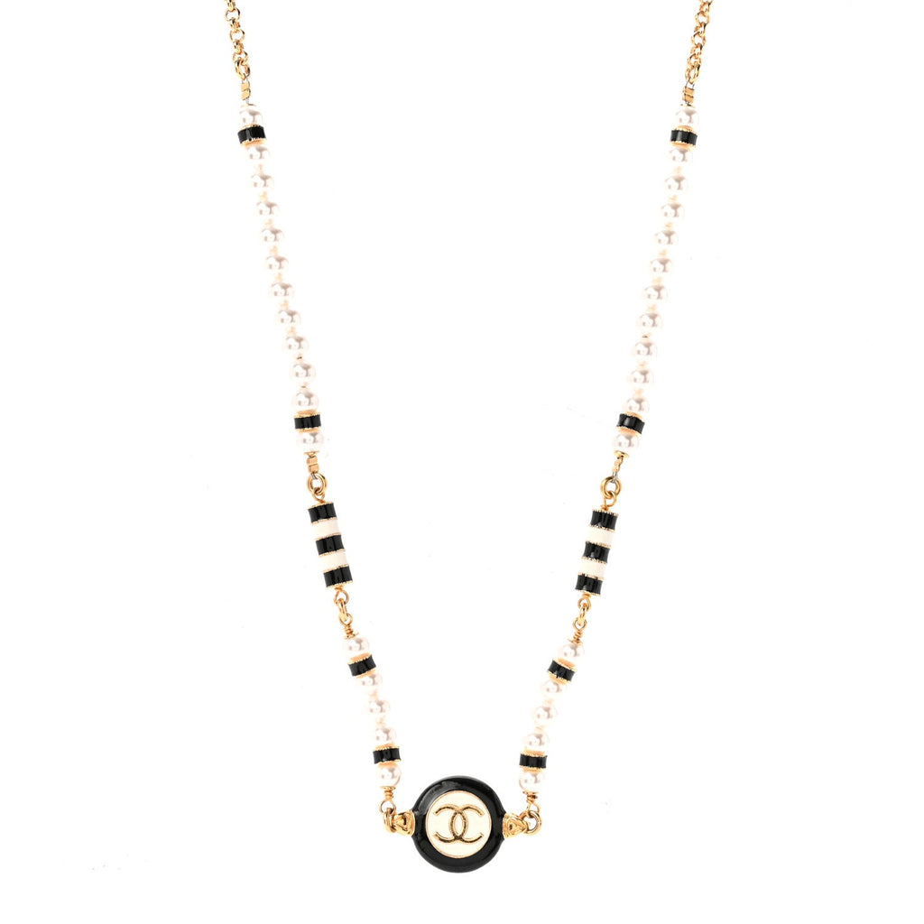 Metal Enamel Pearl CC Necklace Gold Black White