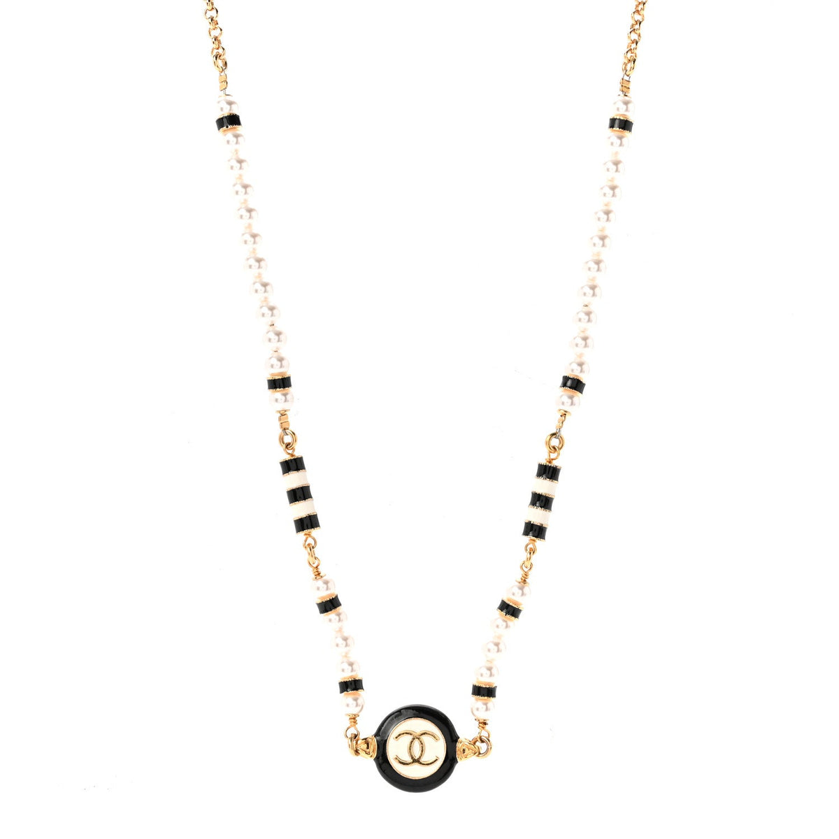 Metal Enamel Pearl CC Necklace Gold Black White