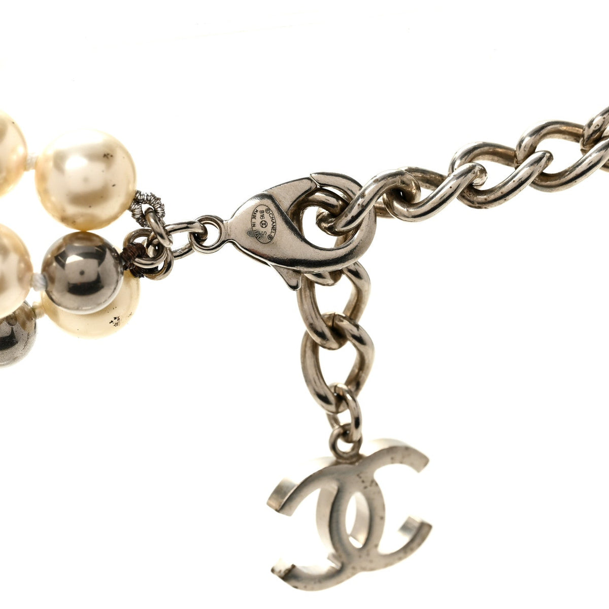 Pearl CC Multi Strand Long Necklace Silver Pearly White Grey