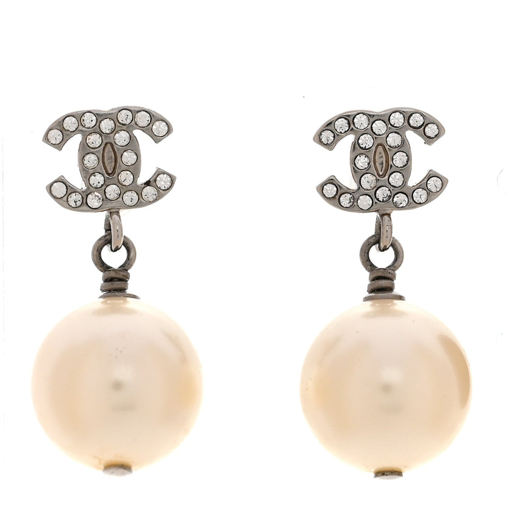 Crystal Pearl CC Drop Earrings Silver