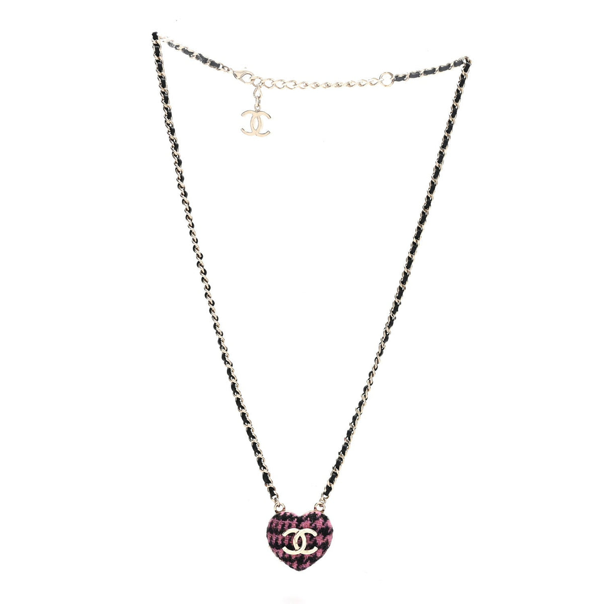 Tweed Lambskin CC Heart Locket Necklace  Gold Black Pink