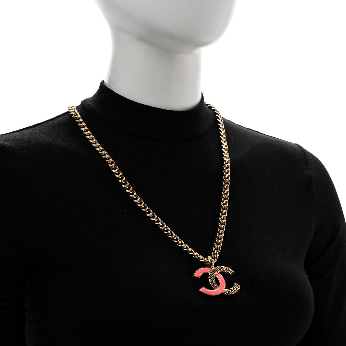 Metal Enamel Quilted CC Chain Necklace Pendant Gold Pink