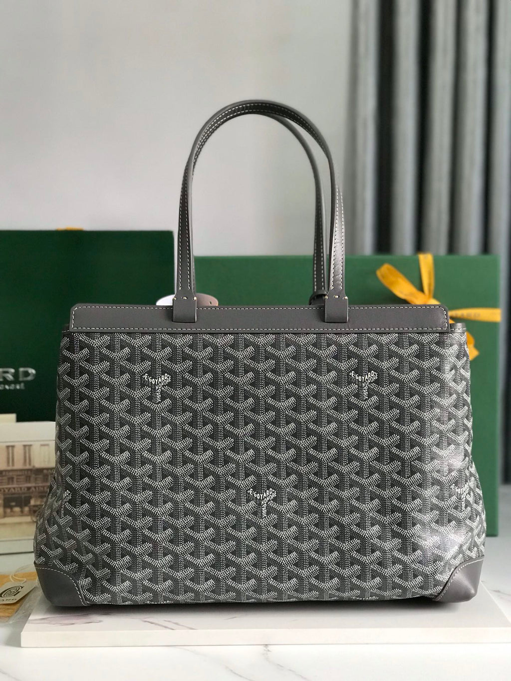 BELLECHASSE BIAUDE PM BAG 36 IN GRAY GOYARDINE CANVAS AND CALFSKIN TRIM