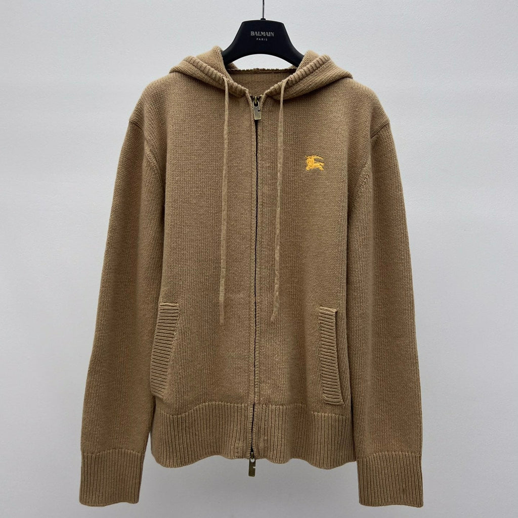 Burberry 25 Zipper-Up Hooded Knit Cardigan Beige Wool Cashmere