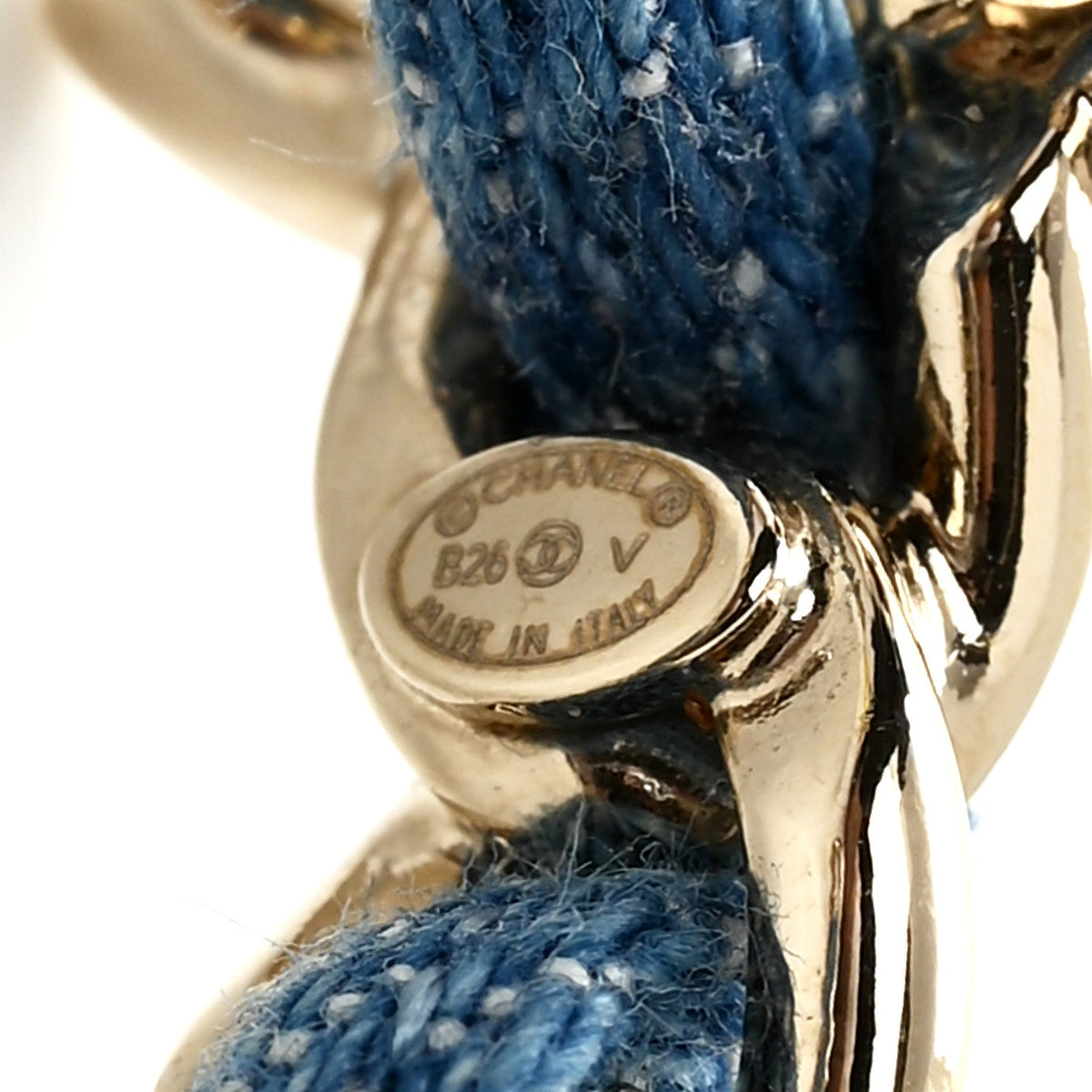 Metal Denim CC Chain Hoop Earrings Gold Blue